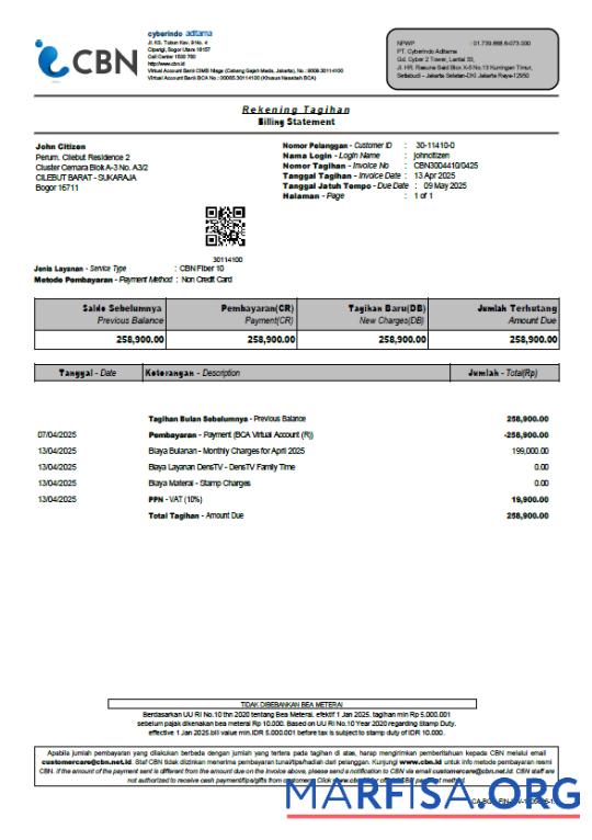 Downloadable Indonesia Cyberindo Aditama utility bill template in Word and PDF formats